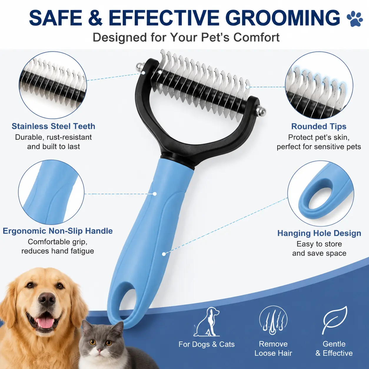 Pet Deshedding Grooming Tool - Stainless Steel Undercoat Rake, Double-Sided Dematting Comb for Long-Hair Dogs and Cats, Home Use Hair Removal Home Care Accessory