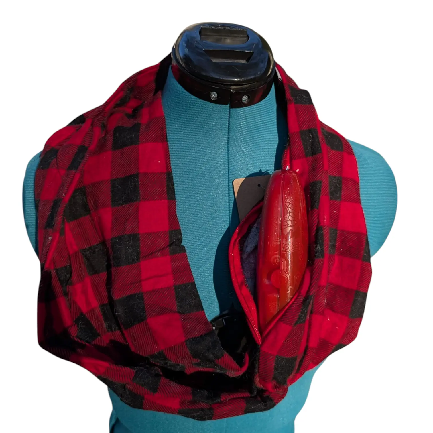 Buffalo Plaid Red full pocket Infinity Scarf with hidden snack pocket, 100% cotton flannel