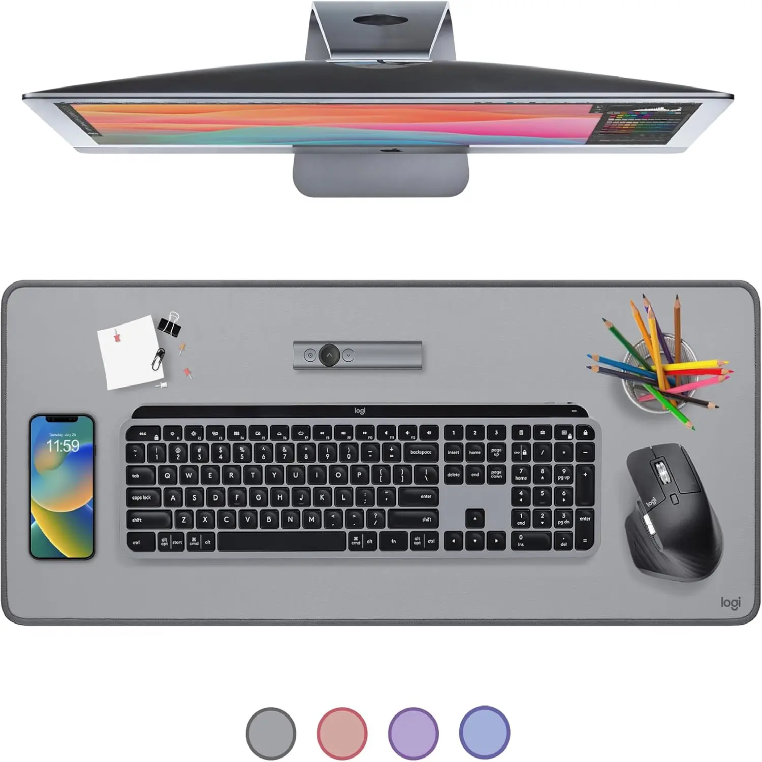 Logitech Studio Series Desk Mat - Large Multifunctional Desk Accessory, Extended Mouse Pad, Anti-slip Base Office Protector, Spill-resistant Durable Mid-Grey Design