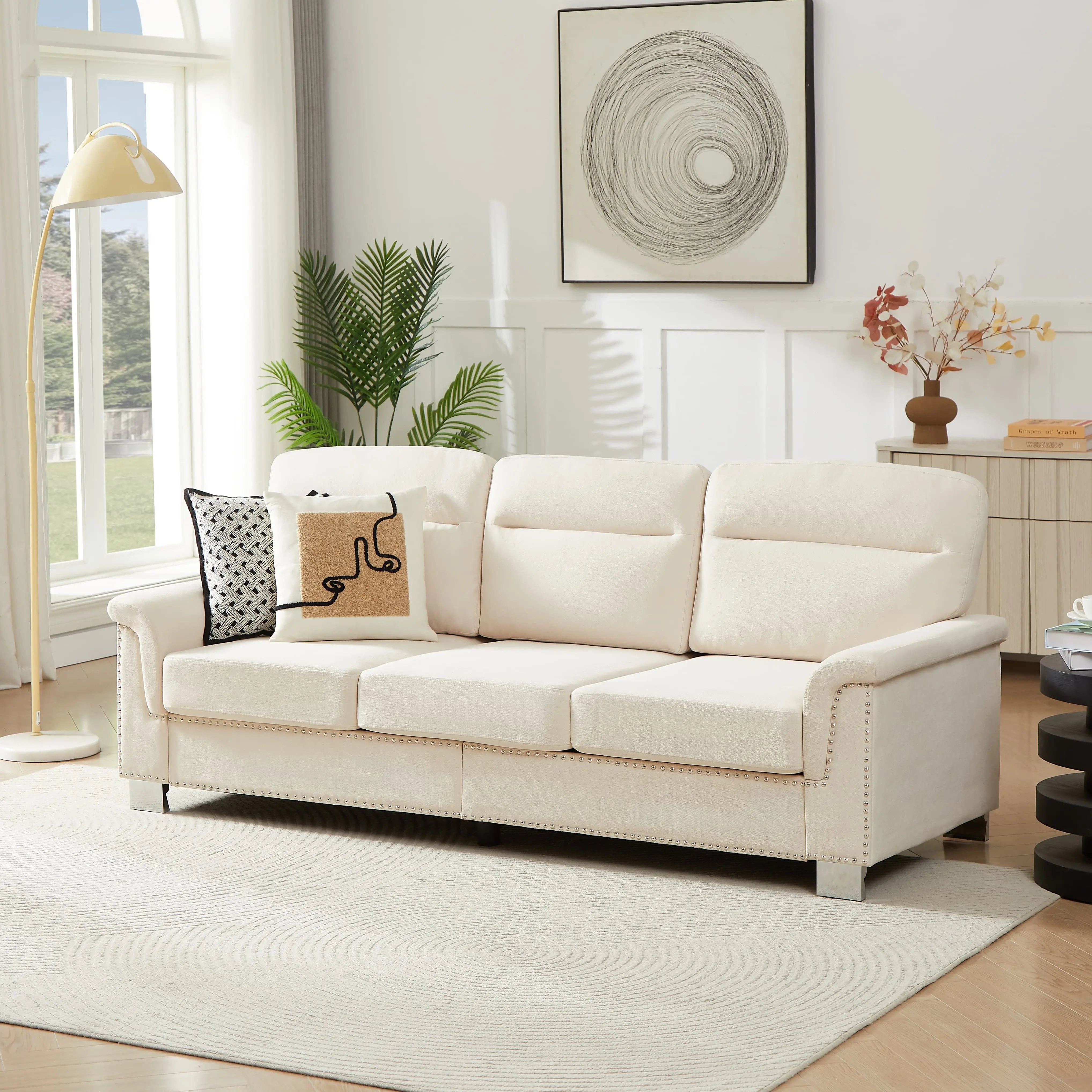 Durable 82-in Length 3-Seater Snowfleece Fabric Sofa - High-Density Foam Spring Pack, Solid Wood-Iron Frame, 29.5-in W x 35.4-in H, Self-Assemble Modern Cozy Couch for Apartments, Family Gatherings, 82 Inches Length