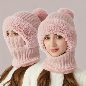 3-in-1 Winter Beanie Scarf & Mask Set - Cozy Fleece-Lined Knit Hat with Ear Flaps Windproof Warm Hooded Neck Warmer for Outdoor Cycling