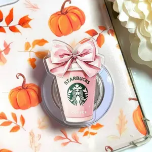Pink Coffee Cup MagSafe Phone Grip: Cute Bow Design with Coffee Illustration, Perfect Kawaii Accessory for Coffee Lovers