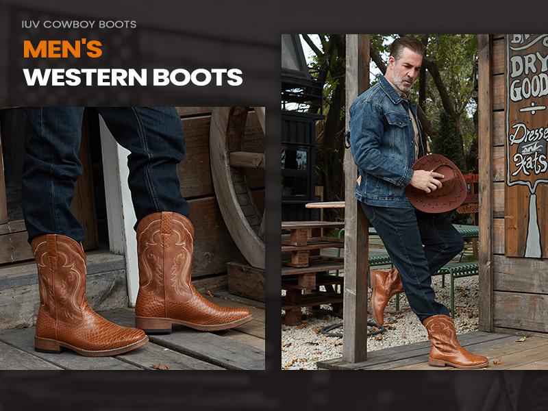 Cowboy Boots for Men  Western Men's Boots with Classic Embroidered Durable Short Boots  Slip on Square Toe Boots Slip Resistant Country Boots Chunky Heel Ankle