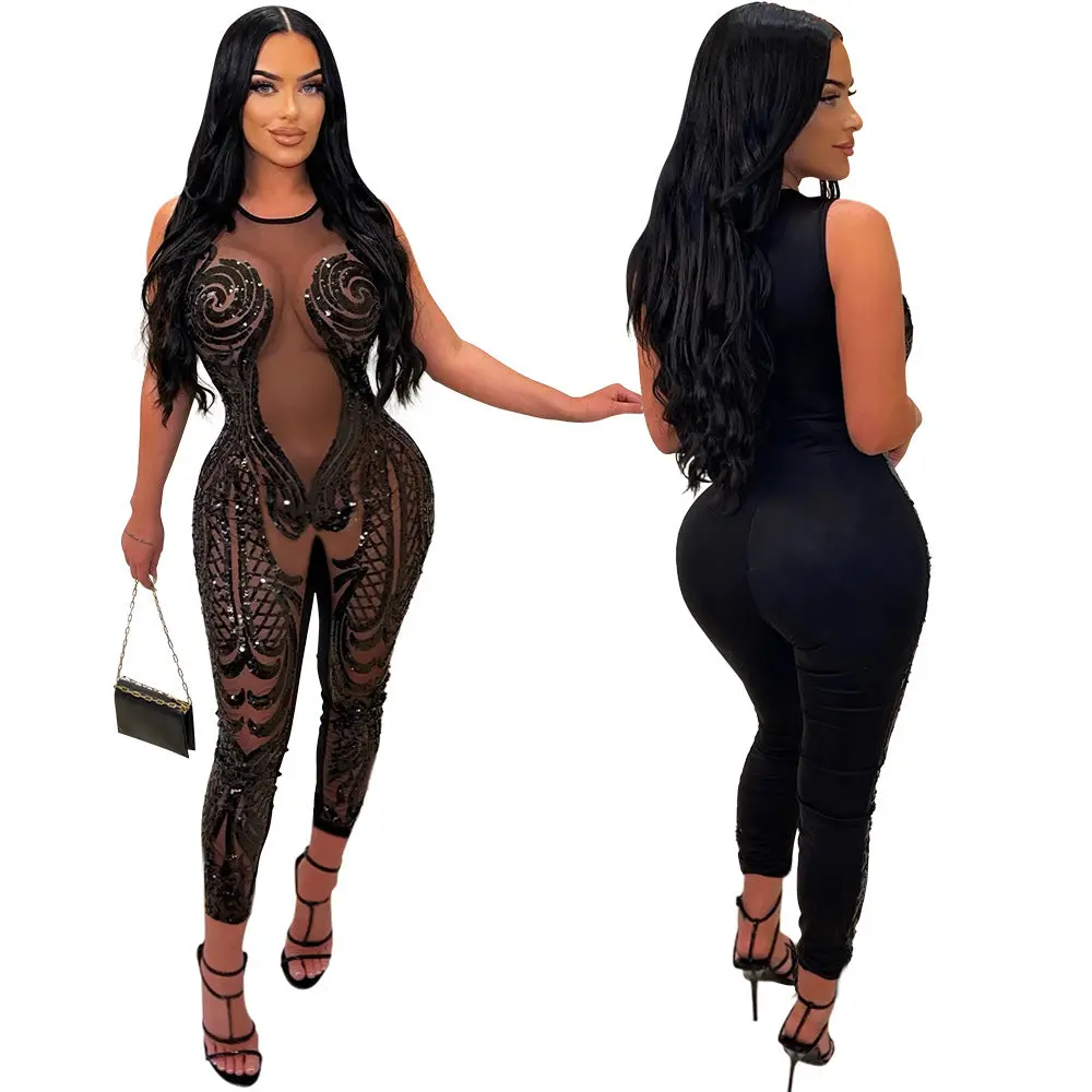Black Sparkly Jumpsuit - Sleeveless Spandex Top with Sequin Details & Matching Trousers - Sexy Women's Wear for Comfort