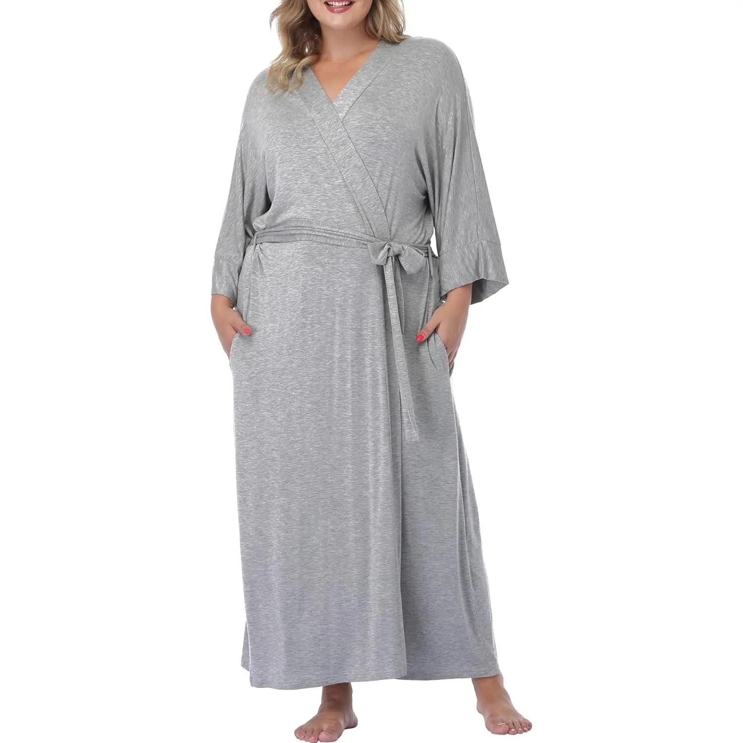 Women's Plus Size Long Robe Full Length Bathrobes Kimono Dressing Gown Sleepwear Maternity Delivery Robes with Pocket