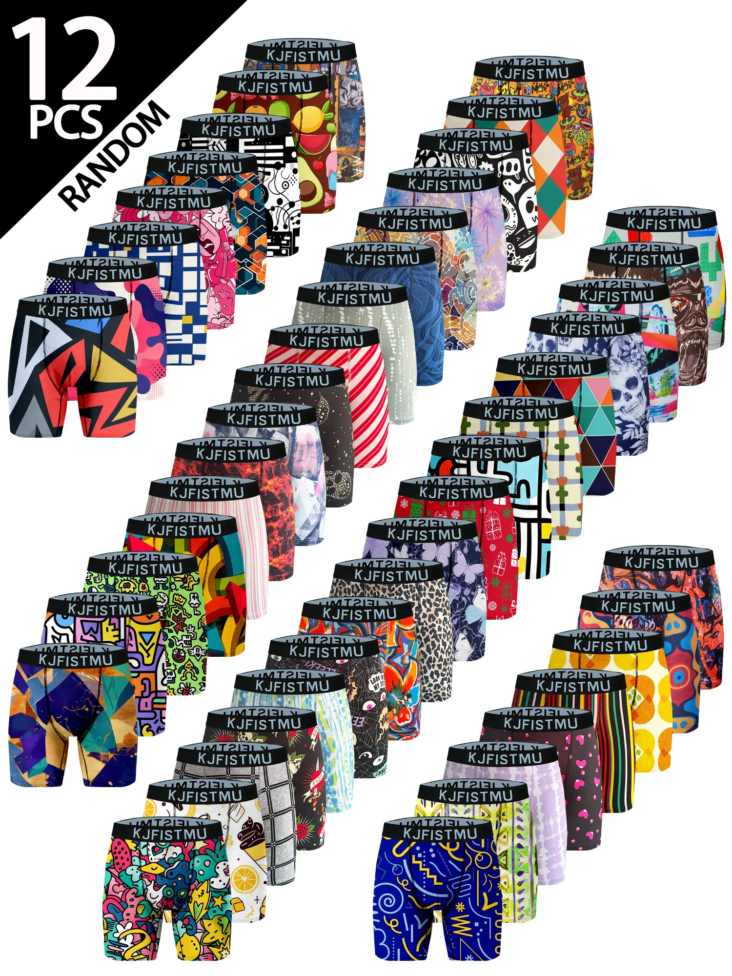 Men's boxer briefs, 12-pack, random styles. Comfortable, soft, casual printed colorful boxer briefs, a top choice for men, multiple styles available in random colors.