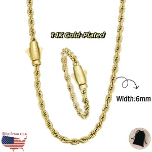 14K Gold-Plated Twisted Rope Chain Bracelet Jewelry Set For Women And Men Hip Hop 6mm Unisxe Hip Hop Jewelry Gift for Boyfriend/Girlfriend