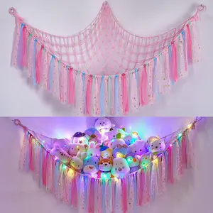 Stuffed Animals Net or Hammock with LED Light, Toy Hammock Hanging Stuffed Animals Storage Organizer Holder Room Décor for Nursery Kids Bedroom