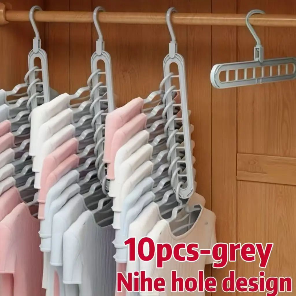 10-Pack Heavy-Duty Foldable Plastic Coat Hangers with 9 Holes, Non-Slip, Space-Saving Closet Organization Tool for Dorms