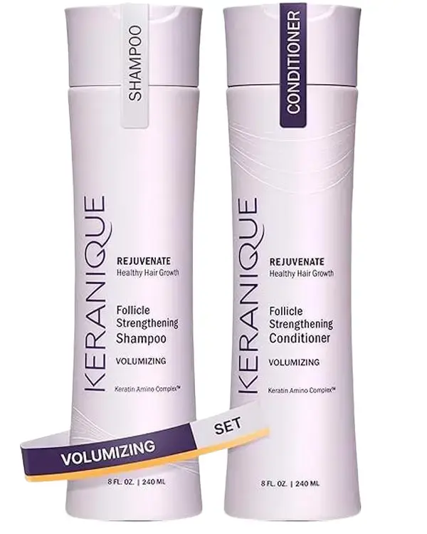 Keranique Volumizing Keratin Shampoo & Conditioner 2-Piece Set - Lightweight Non-Toxic Haircare Kit with Keratin Blend, Amino Acid, Bisabolol, Turmeric, Celery Seed Extract, Glucosamine HCl, Disodium Succinate, Coumarin-Free, for Fine Hair Volume Boost