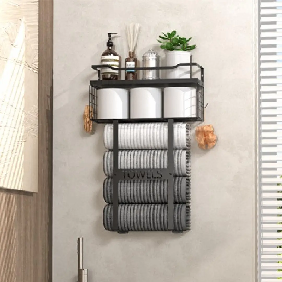 Bathroom Towel Storage Rack, Towel Racks forBathroomfCanHolds 6 Large Towels, Wall Towel Rack for RolledTowels,Black