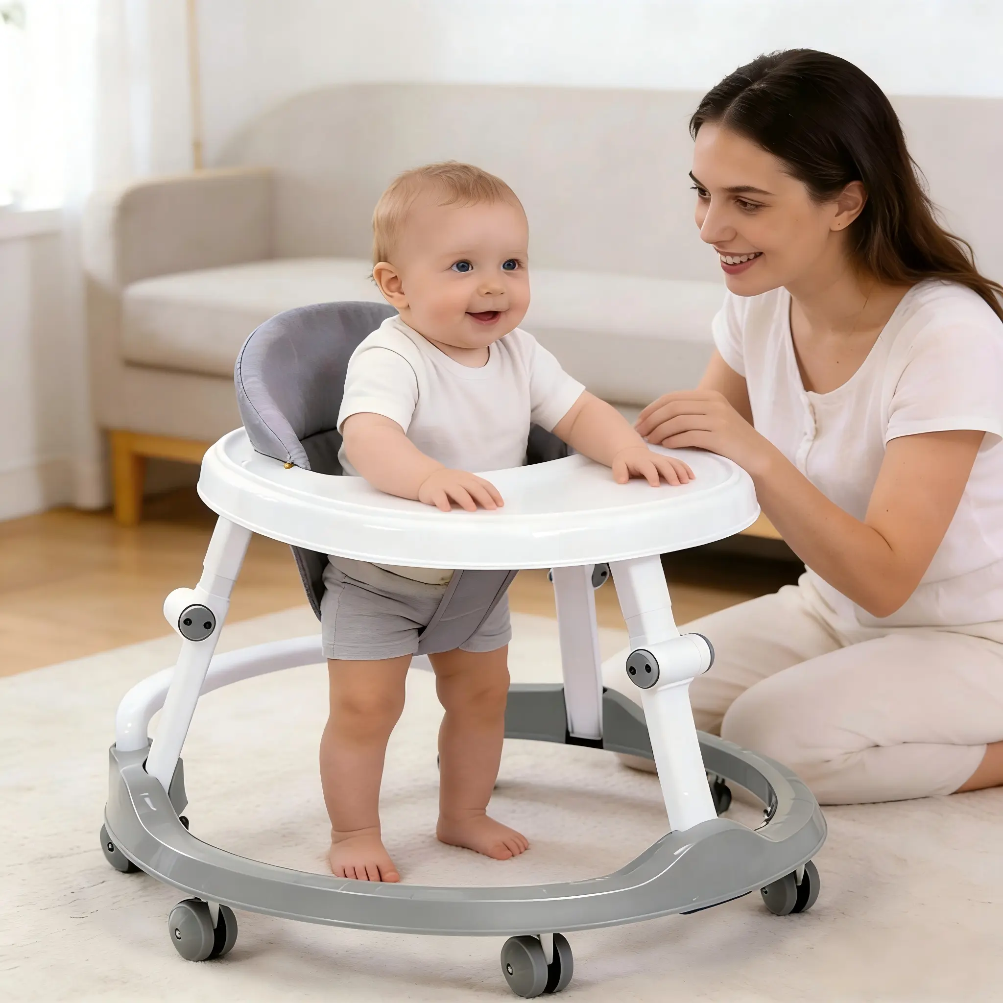 3-in-1 Baby Walker, Foldable Anti-Rollover Infant Walker with Adjustable Height & Fixed Dining Plate, Safe Ergonomic Walker for 6-18 Months Babies (Grey)