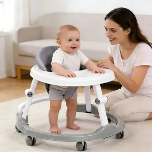 3-in-1 Baby Walker, Foldable Anti-Rollover Infant Walker with Adjustable Height & Fixed Dining Plate, Safe Ergonomic Walker for 6-18 Months Babies (Grey)