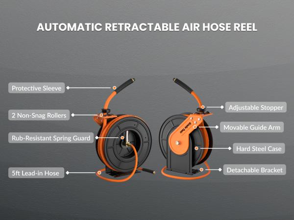 Giraffe Tools Retractable Air Hose Reel-Alloy Steel Reel-3/8in x50 FT Hybrid Air Hose Max 300 PSI,Wall Mount Heavy Duty Double Arm Steel Reel