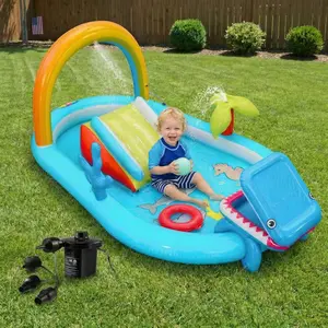 AKEYDIY Toddler Inflatable Water Park with Air Pump, Heavy-Duty Safe Thick PVC Ocean Theme Pool with Rainbow, Shark, Slide, Ring Toss & Ball Toss Game, Indoor Outdoor Summer Backyard Water Play Fun for Kids and Toddlers