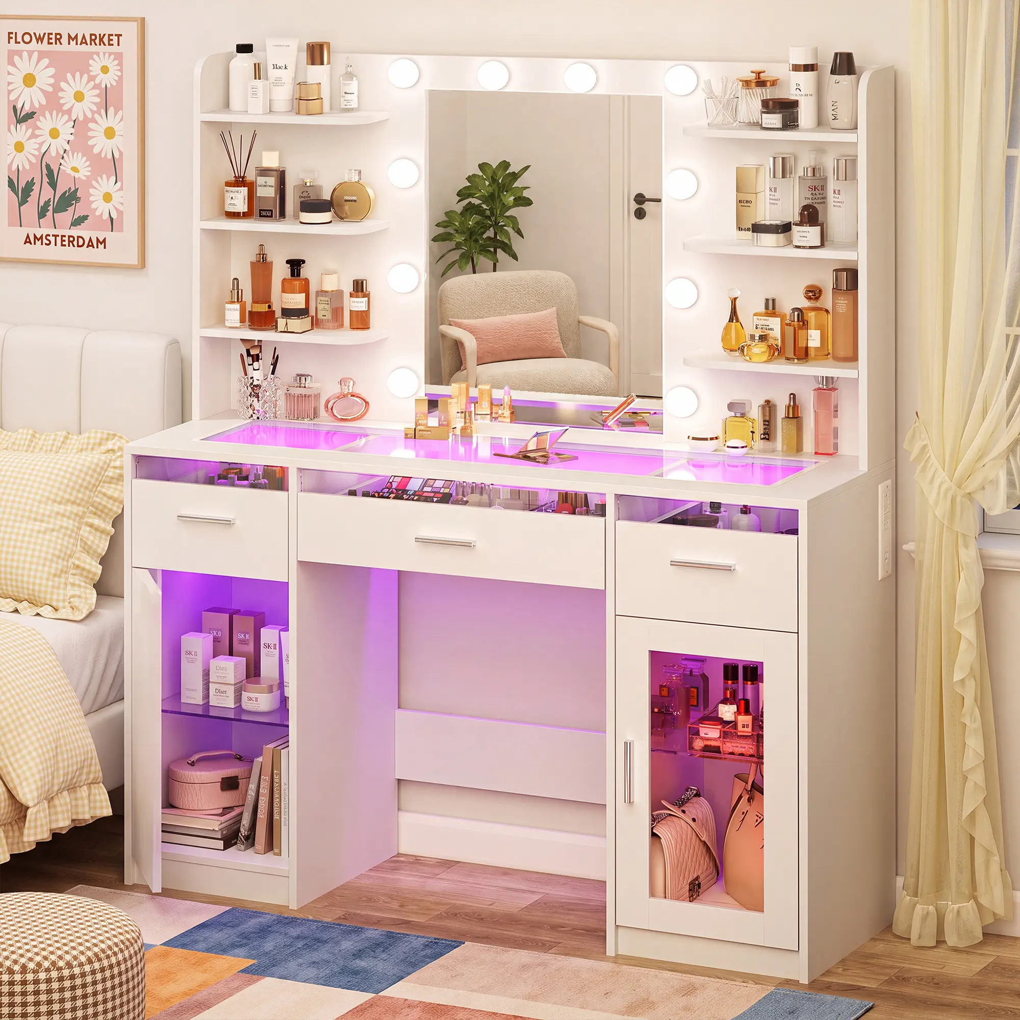 Vanity Desk, Makeup Vanity Desk with Mirror and Lights 3 Colors, Transparent Top with 3 RGB Drawers, 6 Shelves, 2 Large Tempered Cabinets, Power Outlet, for Bedroom, White