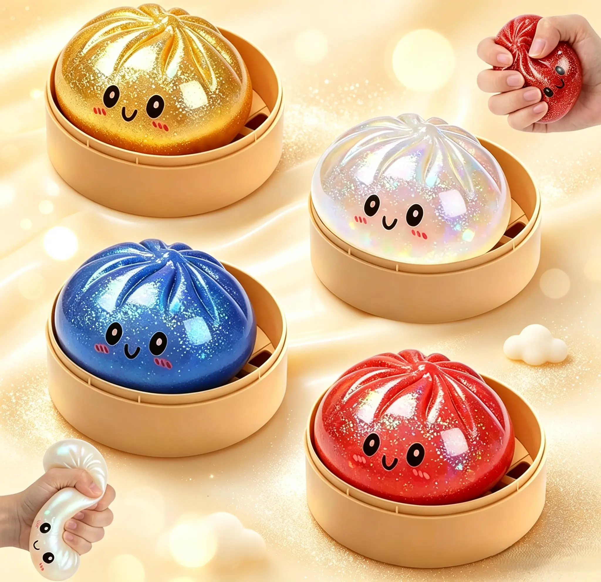 Dumpling Toy with Steamer Case, Funny Squeeze Dough Stress Ball, Realistic Steamed Bun Squeezing Toy for Fidget Sensory Anxiety Relief Calming Party Gift