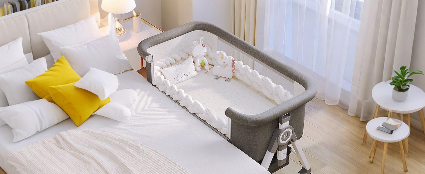 3 in 1 Baby Bassinet Bedside Sleeper with Wheels & Mosquito Net, Adjustable Height Baby Bassinet with Mattress & Breathable Mesh, Portable Newborn Bassinet with Storage Basket to crib cot