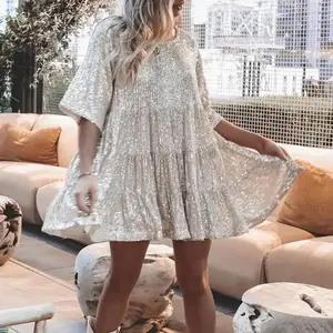 2026 New Direct Sale Fashion Sequin Round Neck Loose Waist Short Sleeve Dress Party Gown Casual Womenswear