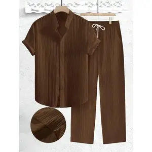 [2pcs Solid Color Short Sleeve Set] 2pcs Men's Solid Color Textured Short Sleeve Shirt + Pants Set, Casual Co-ord Set for Summer