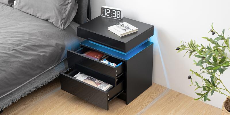 HOMMPA LED Nightstand Black Night Stand with Led Lights Modern Nightstand with 2 High Gloss Drawers, Bedside Table Smart Bed Table for Bedroom 20.5” Tall