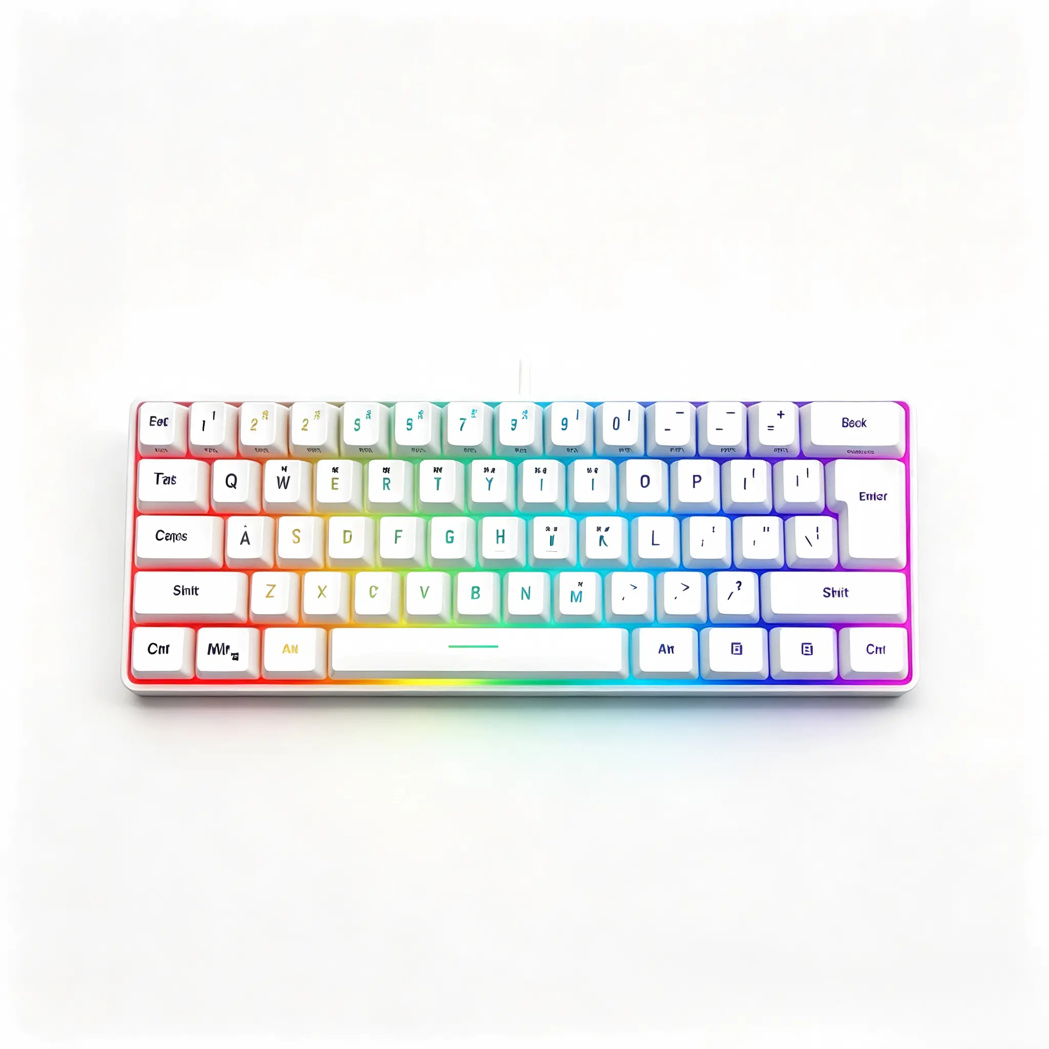 White Ultra-Compact 60 Percent Wired Gaming Keyboard, 61-Key Rainbow RGB Illuminated Mini Keypad with Matching Wrist Support Pad, Waterproof Ergonomic Membrane Peripheral for Gaming Enthusiasts, Daily Office Typing, 60 Percent Keyboard