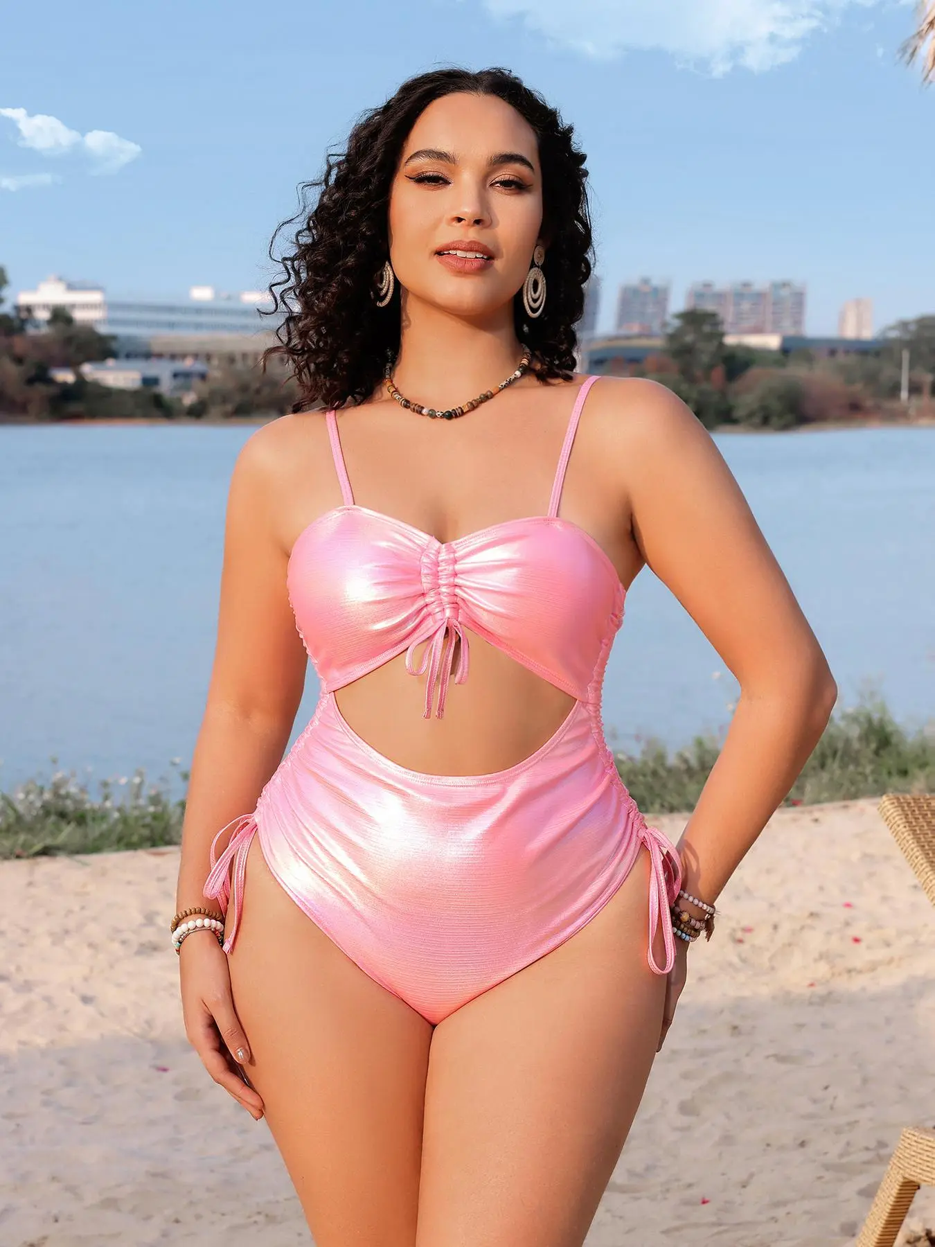 Plus Size Plain Drawstring Ruched Cut Out One-piece Swimsuit, Casual Adjustable Strap Sweetheart Neck Swimwear for Summer, Women's Swimsuit for Beach Holiday Vacation, High Stretch Swimwear, Drawstring Swimsuits, Cutout Bathing Suits