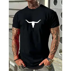 100% Cotton Men's Western Cowboy Style Graphic T-Shirt - Black Casual Oversized Short Sleeve Tee with White Longhorn Skull Design, Perfect for Streetwear and Outdoor Activities, Streetwear Fashion |           Relaxed Fit Top |           Comfortable Cotton