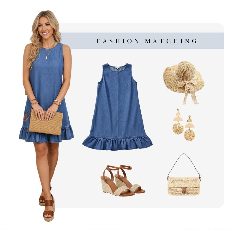 SIDEFEEL Women's Sleeveless Denim Dress Round Neck Ruffled Hem Casual Loose Denim Dress