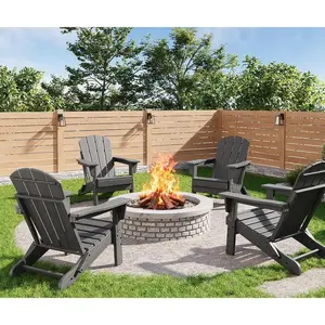 Folding Adirondack Chairs Set of 4, HDPE Plastic Outdoor Chairs with Wood Texture - 380 LBS & Weather Resistant for Fire Pit, Deck, Patio, Pool, Backyard - Gray