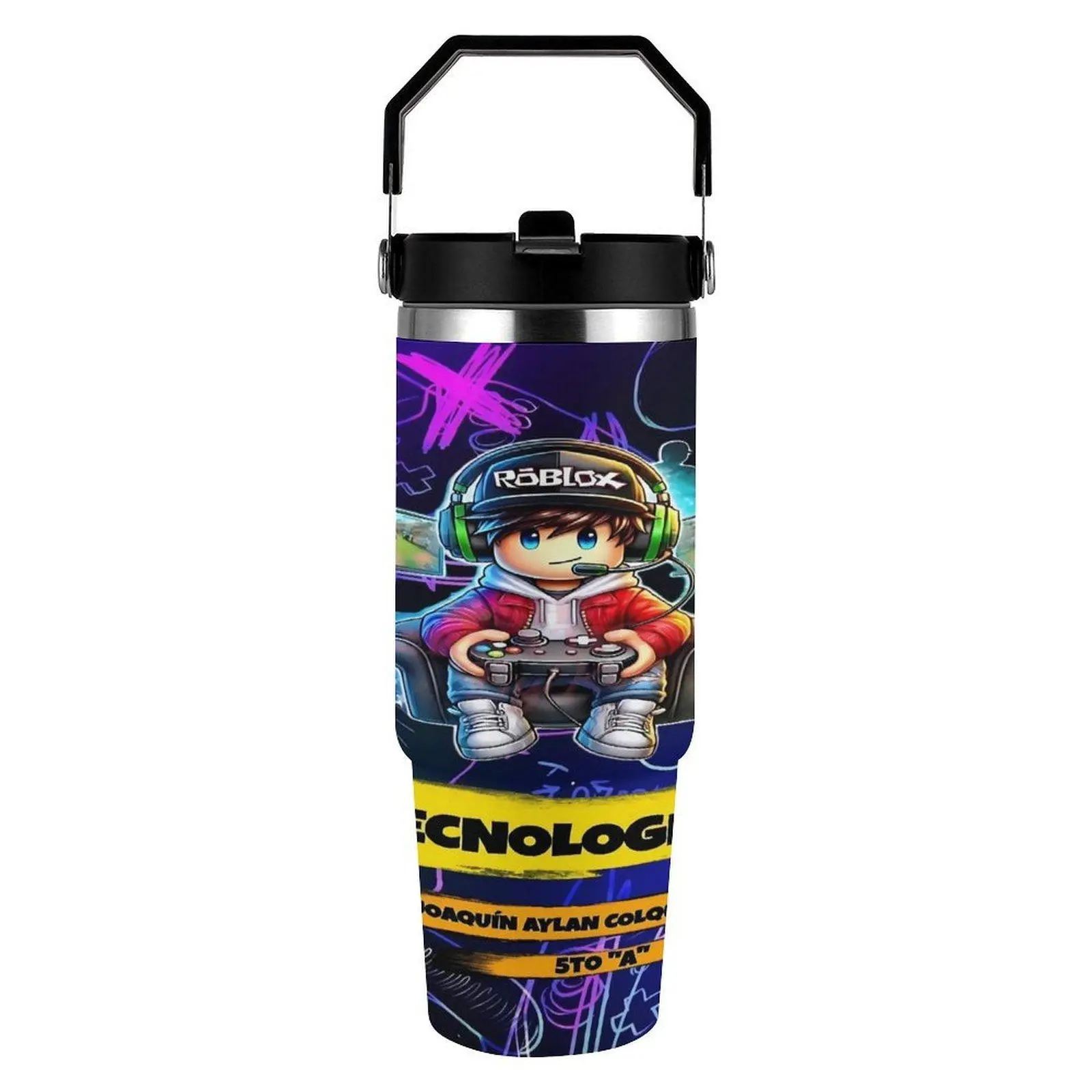 Roblox 30OZ Vacuum Insulated Tumbler with Lid & Tote Handle, Stainless Steel Portable Water Bottle, Outdoor Camping Travel Accessory, Birthday Christmas Gift for Roblox Fans