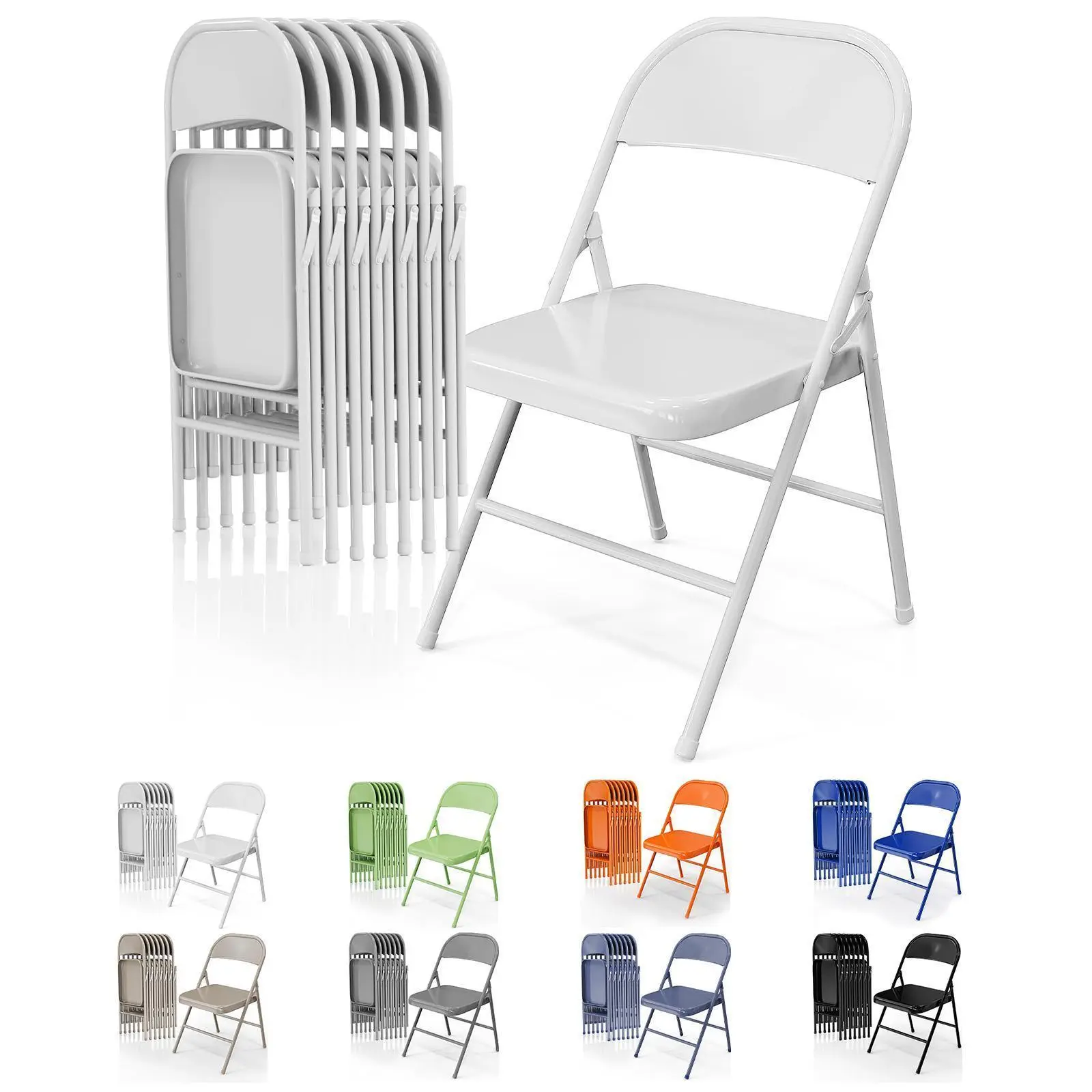 Karlhome 8-Pack Armless Folding Chairs (Without Arms) - Sturdy All-Steel Metal Frame, 350lb Load Capacity, Portable Stools, Easy to Use, Solid Back, Indoor Outdoor Use (Vibrant Orange, Cool Blue, Classic Black, Neutral Khaki), Durable