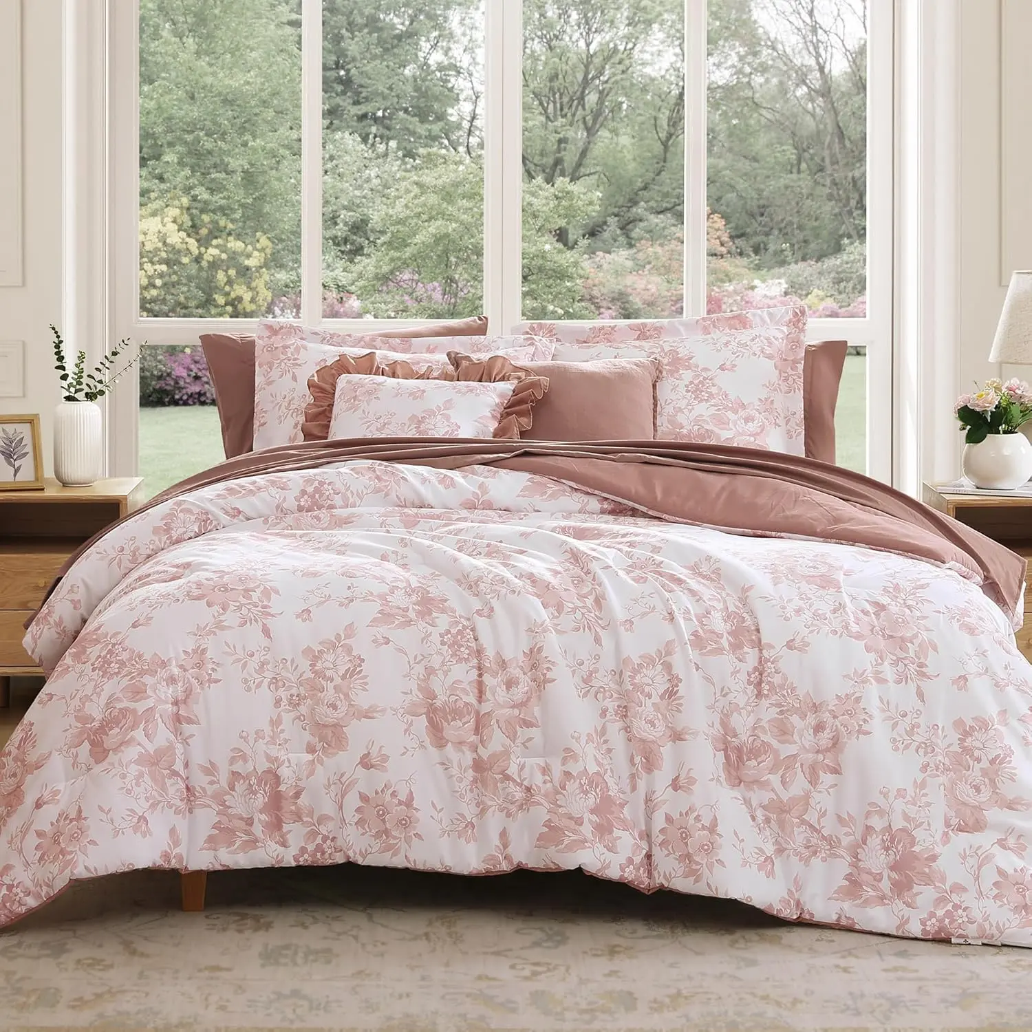 Comforter Set -5/7 Pieces Floral Rose Bedding Set for All Seasons,BLOOMHAVEN Queen Comforter Set -7 Pieces Pink Floral Comforter Set for All Seasons, Bed in a Bag Queen with Botanical Flowers Comforter, Sheets, Pillowcases & Shams