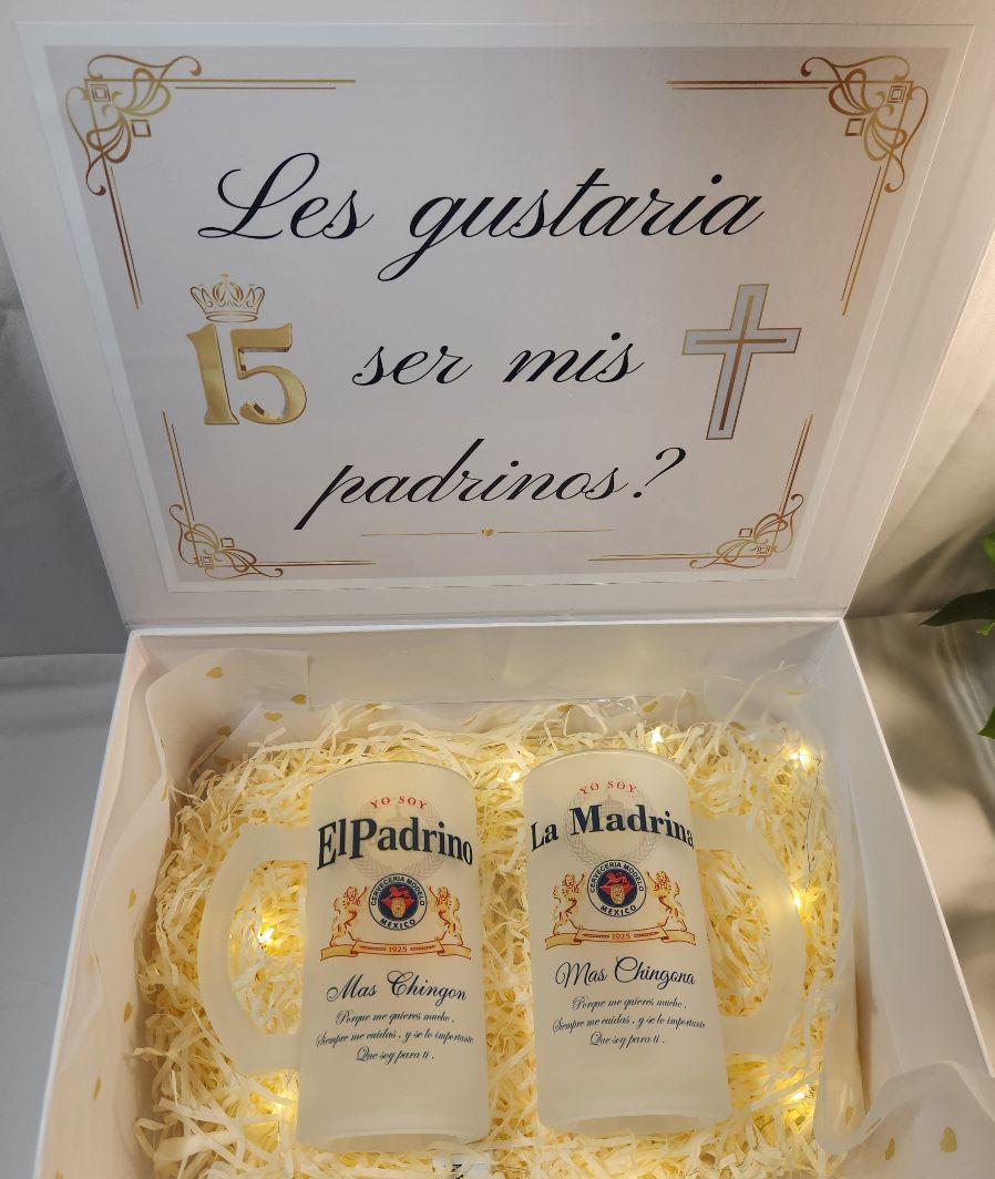 Godparents Proposal for XV Years - Set of Two 16 oz Beer Glasses with "Les gustaria ser mis padrinos?" Design - Drinkware