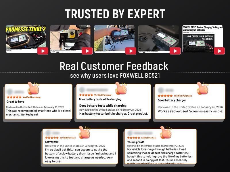 FOXWELL BC521 4-in-1 Car Battery Charger, 5A 12V Charging System Tester and Maintainer, 5A Smart Trickle Charger and Starter, Smart Eight-Stage Charging, Pulse Repair, LCD Display, Suitable for Unattended Operation in Cars/RVs/Motorhomes.