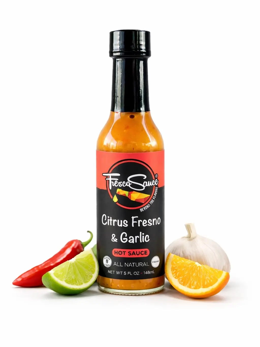 Citrus Fresno & Garlic Hot Sauce by Fresco Sauce - Lime Juice - Orange Juice - Fresno Peppers - Flavorful - All Natural- Vegan - Gluten Free