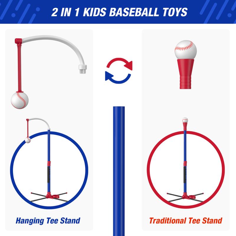 HYES 3-in-1 Baseball Set for Kids 3-5 - Tee Ball Stand, Hanging Tee, Ball Launcher and 6 Softballs - Adjustable Height, Indoor/Outdoor Sport Gifts for Boys Girls, Blue