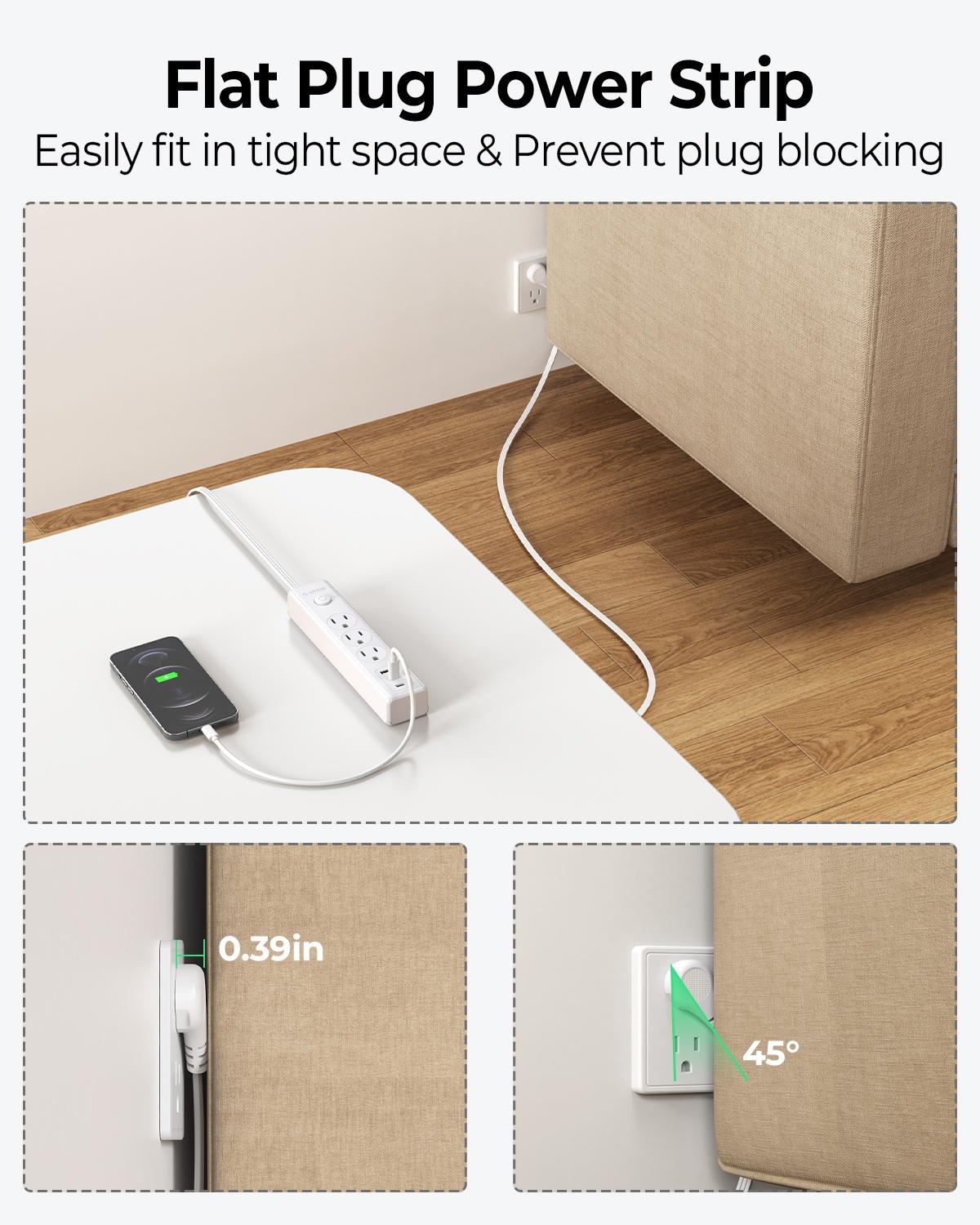 ORICO PW-3A1U2C 25FT Flat Extension Cord, 6-in-1 Power Strip with 3 AC Outlets, 1 USB-A & 2 USB-C Ports, Multiple Protection, Compact for Home & Office-PW