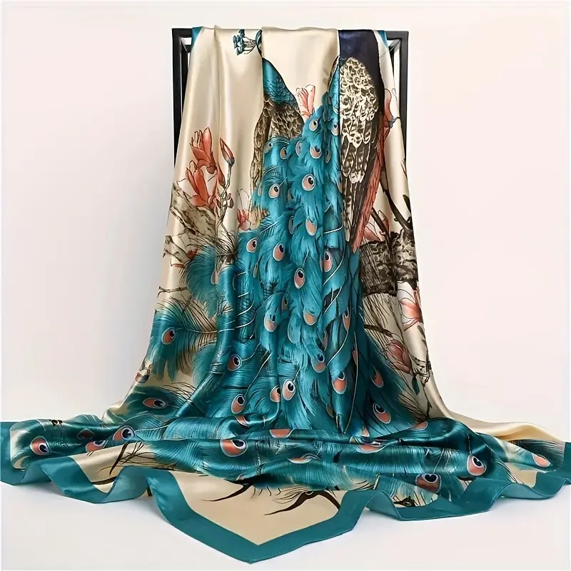 35" Elegant Peacock Print Satin Square Scarf - Bohemian Style, Soft and Lightweight - Ideal for Women's Fashion, Beach Scarves and Shawls | Multifunctional Accessories with Floral Design, Women's Shawls | Bohemian Style | Printed Design