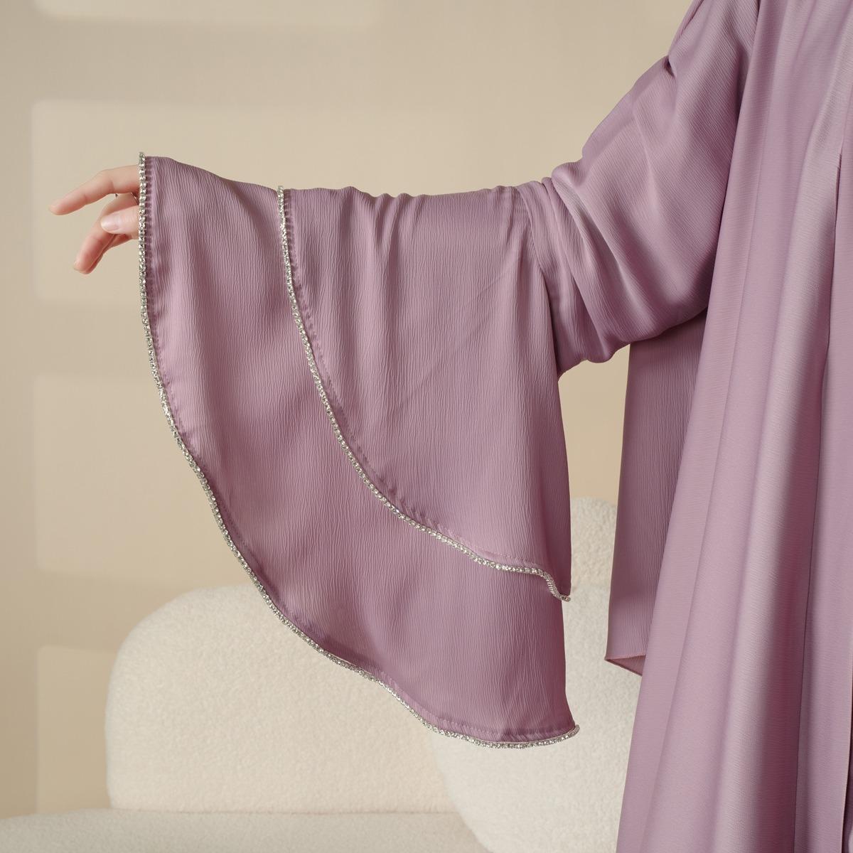 Elegant Satin Crepe Ruffle Sleeve Abaya Set 5-Piece Modest Dress with Belt, Hijab, Inner Dress & Triangle Skirt | Luxurious Full-Length Design, Side Pockets, Customizable Sizes | Perfect for Ramadan, Eid,MOA033 Elegant Satin Crepe Ruffle Sleeve Abaya Set 5-Piece Modest Dress with Belt, Hijab, Inner Dress & Triangle Skirt | Luxurious Full-Length Design, Side Pockets, Customizable Sizes | Perfect for Ramadan, Eid,MOA033