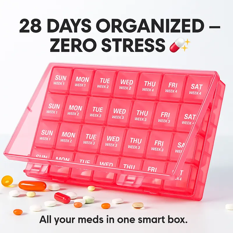 High-Capacity Fade-Resistant 28-Day Pill Organizer, 4-Week Monthly 1-Time-a-Day Large Pill Case for Vitamins/Supps, Medication for Parents, Caregivers Healthcare Needs