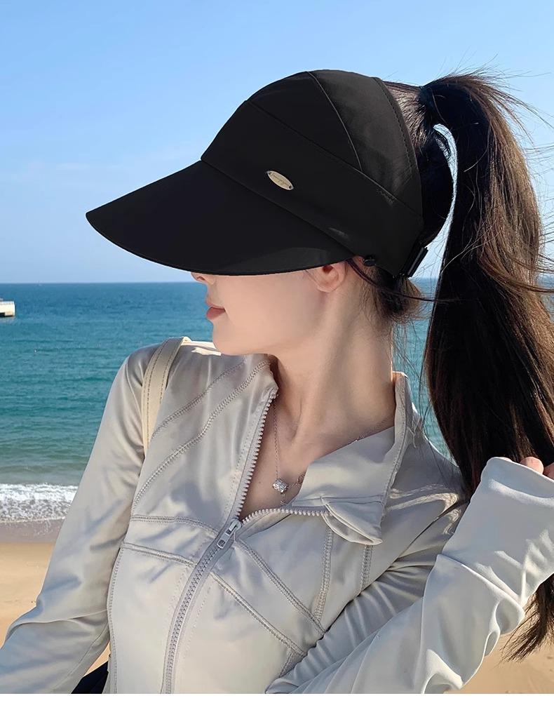 2 Pack UPF 50+ Women's Open-Top Sun Visor Hat, Large Brim UV Protection Sun Hat for Ponytail, Foldable Outdoor Beach Golf Running Sun Hat for Summer, Face Slimming Design