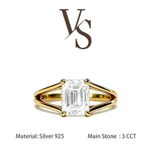 [Venus Jewelry] Synthetic Moissanite 3 CCT Emerald Double Band Design VVS 1 D Color Solid Silver 925 Solitare Ring