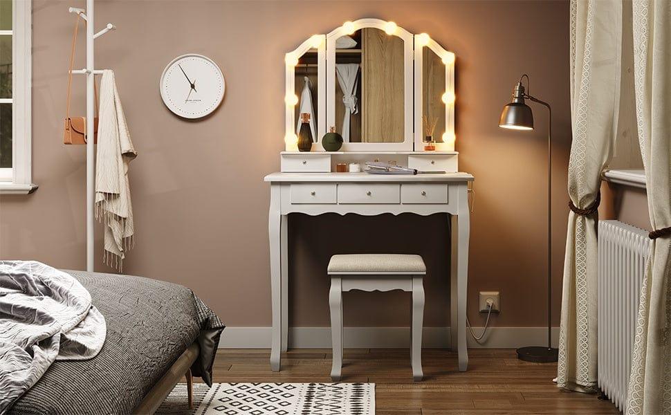 Sikaic Small Size Makeup Vanity Set with LED Mirror Cushioned Stool and Chair Set Bedroom White