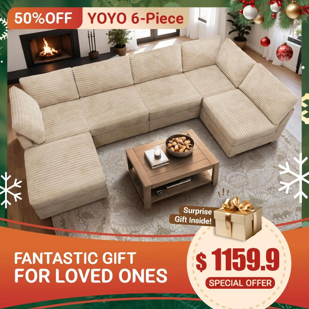 【6 Packages Shipping】Ovios 131" Modular Sectional Sofa Couch  with Ottoman, U-Shaped Minimalist Couches with 2 Oversized Chaise, L-Shaped Modern Deep Seat Cloud Plush Corduroy Sofas Set for Living Room, 6 Seater