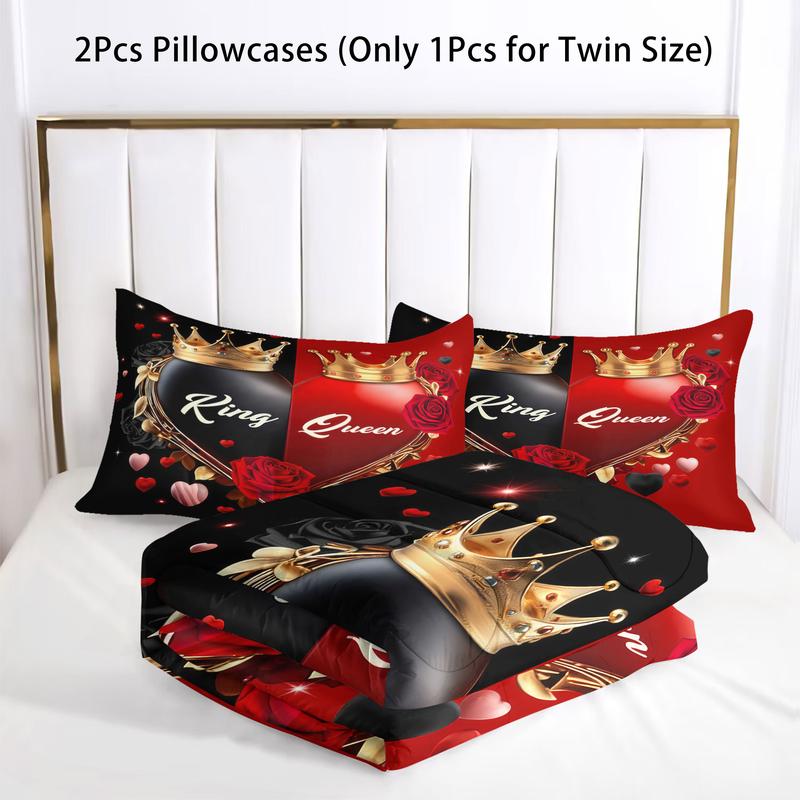 Christmas And Valentine'S Day Themed Black And Red Heart Print, King And Queen Themed Comforter Set, Soft Bedding Set, Includes A Comforter And 1 Or 2 Coreless Pillowcases, Warm And Skin-Friendly, Suitable For Beds, Sofas, Offices, Travel, And Camping.