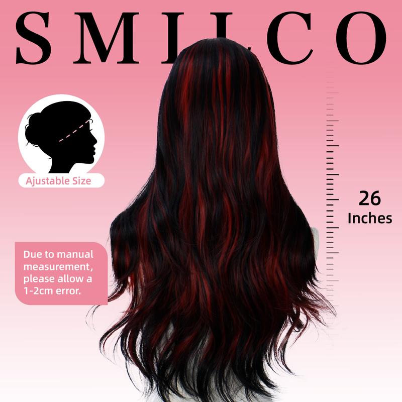 SMILCO 26" Wavy Black & Red Highlights Synthetic Wig Middle Part Glueless Natural-Looking Scalp Full Machine Cap Adjustable Straps Breathable Cap Vibrant Color Soft Texture SM398 SM5029