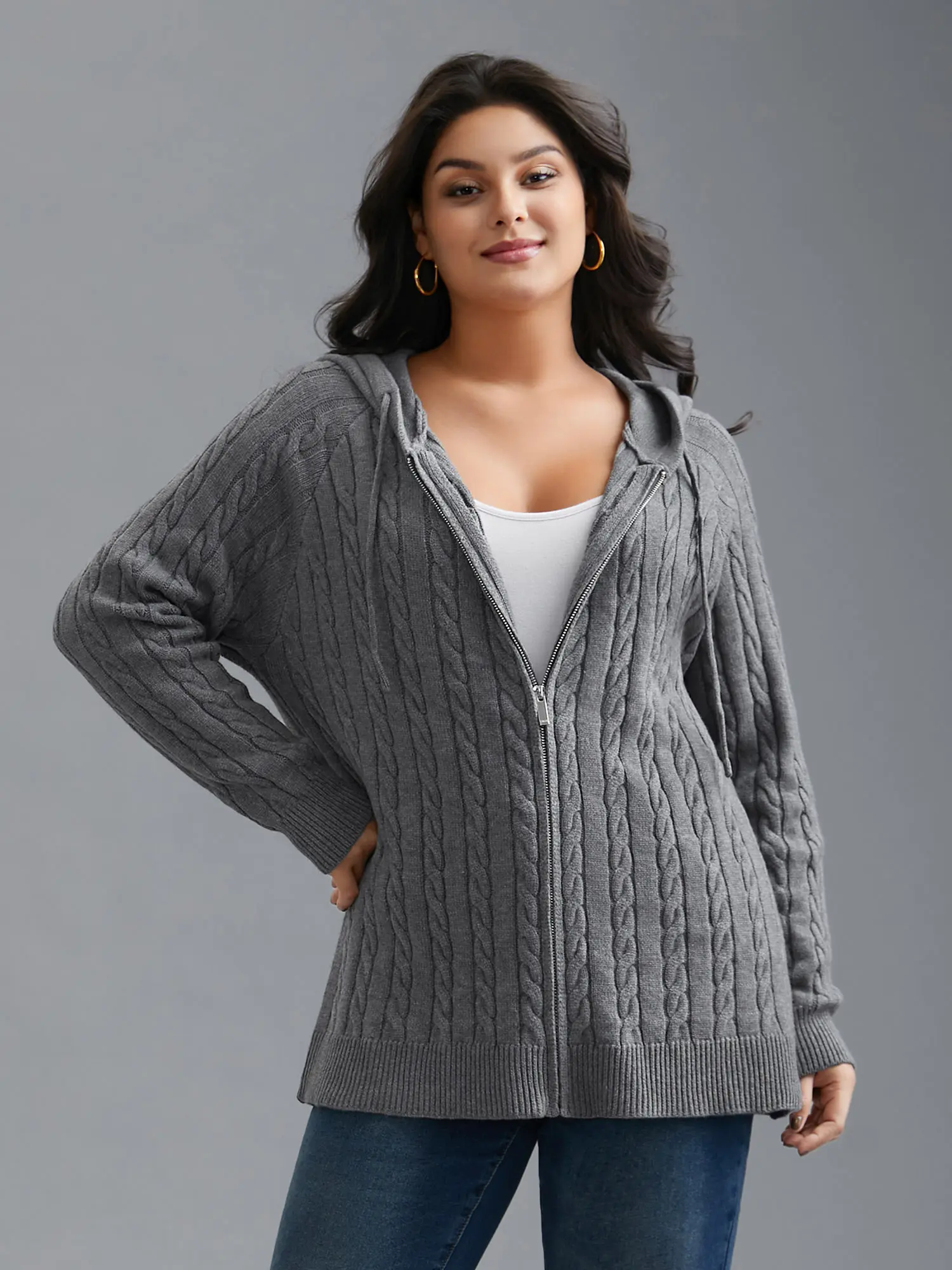 Cable Knit Cardigan for Women, Casual Hooded Zip-Up with Long Raglan Sleeves and a Loose Fit, Knitting, Longsleeves, Knitwear, Tops, Sweaters, Lady, Plus Sizes, Hooded Neck, Cozy Cable Knit, Basic, Rayon Blend, Nylon, Casual Style For Coffee Runs