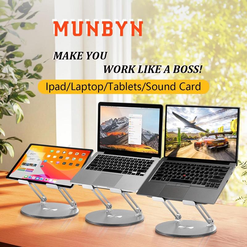 MUNBYN Laptop Stand with 360 Rotating Base Adjustable Portable Aluminum Laptop Stand, 2-in-1 Multifunctional Laptop Stand for desk & Gaming laptop & Mobile stand,Gray gear computer