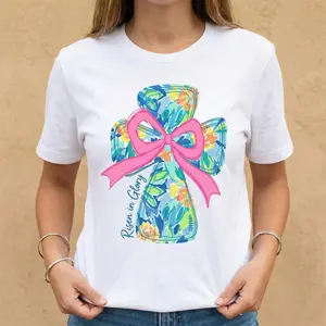 Cotton Casual Short Sleeve Round Neck Summer T Shirt Featuring Vibrant Cross Bow Design with He Is Risen Print Machine Washable Comfortable Daily Wear